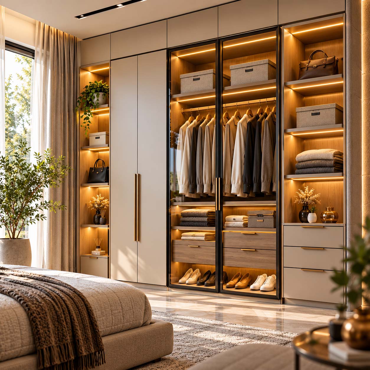 wardrobe configuration with glass doors and organised storage