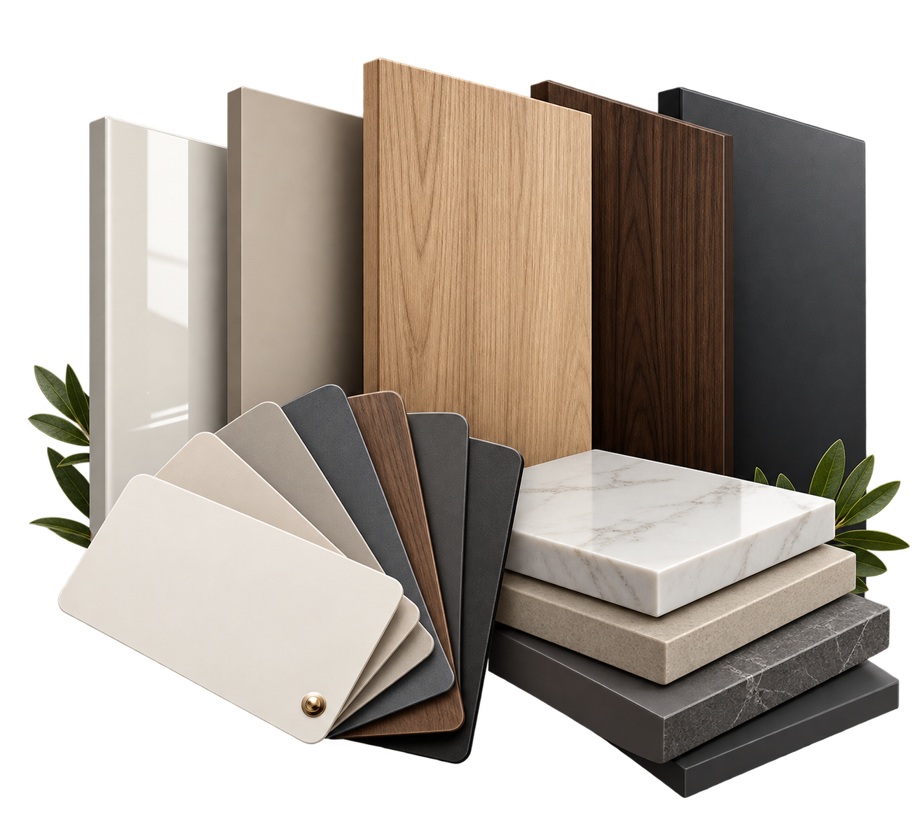 Wardrobe colour and finish samples including wood laminate and matte finishes