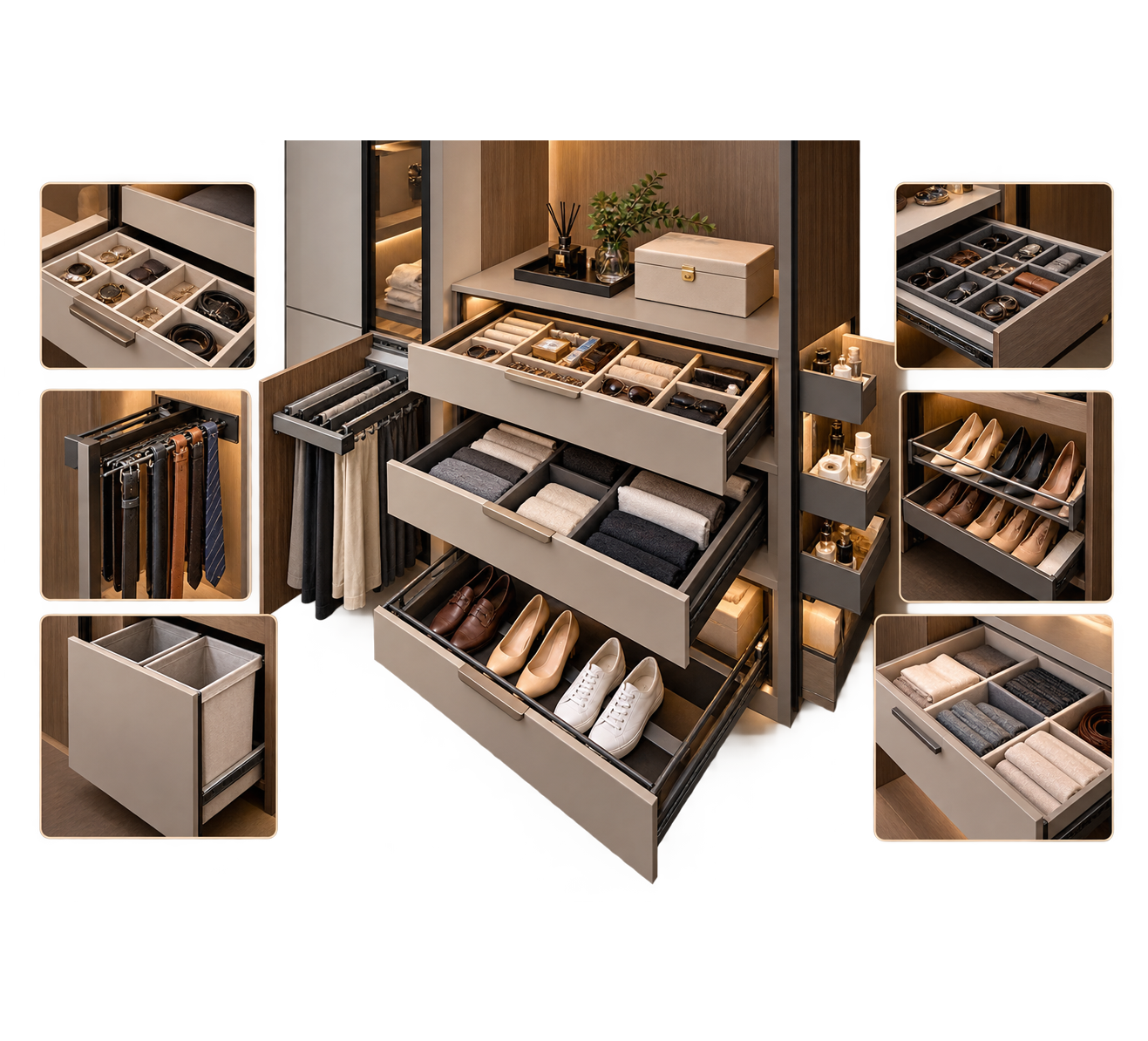 Wardrobe drawers and accessories with jewellery shoe and clothing organisers