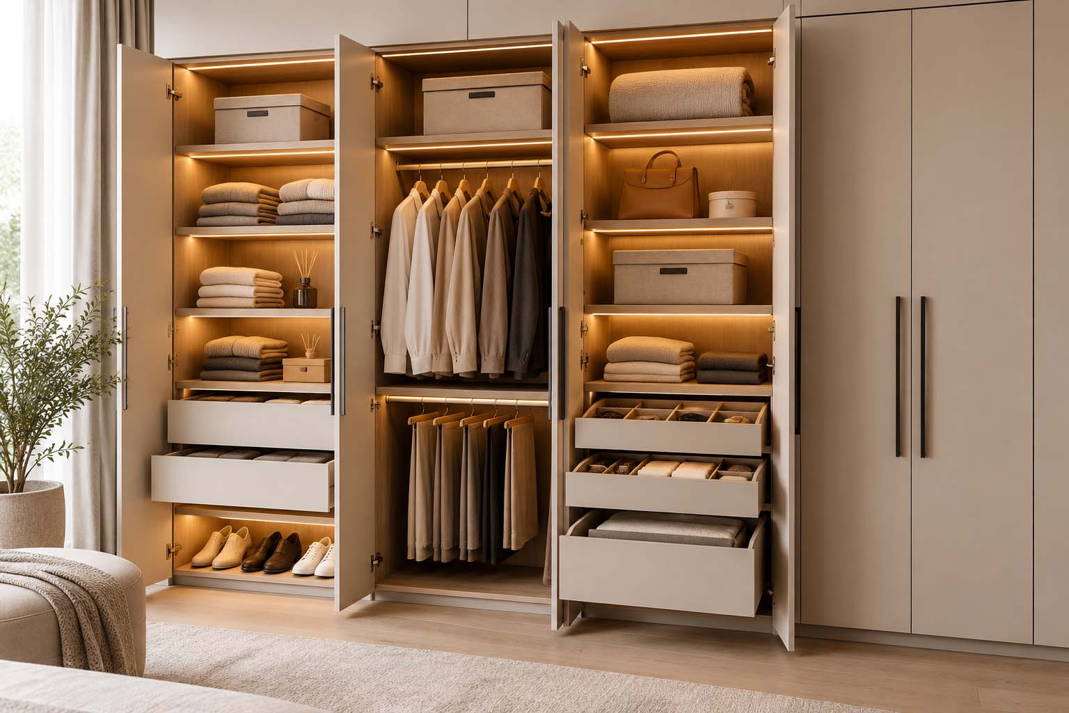 Wardrobe internal storage with shelves drawers and hanging sections