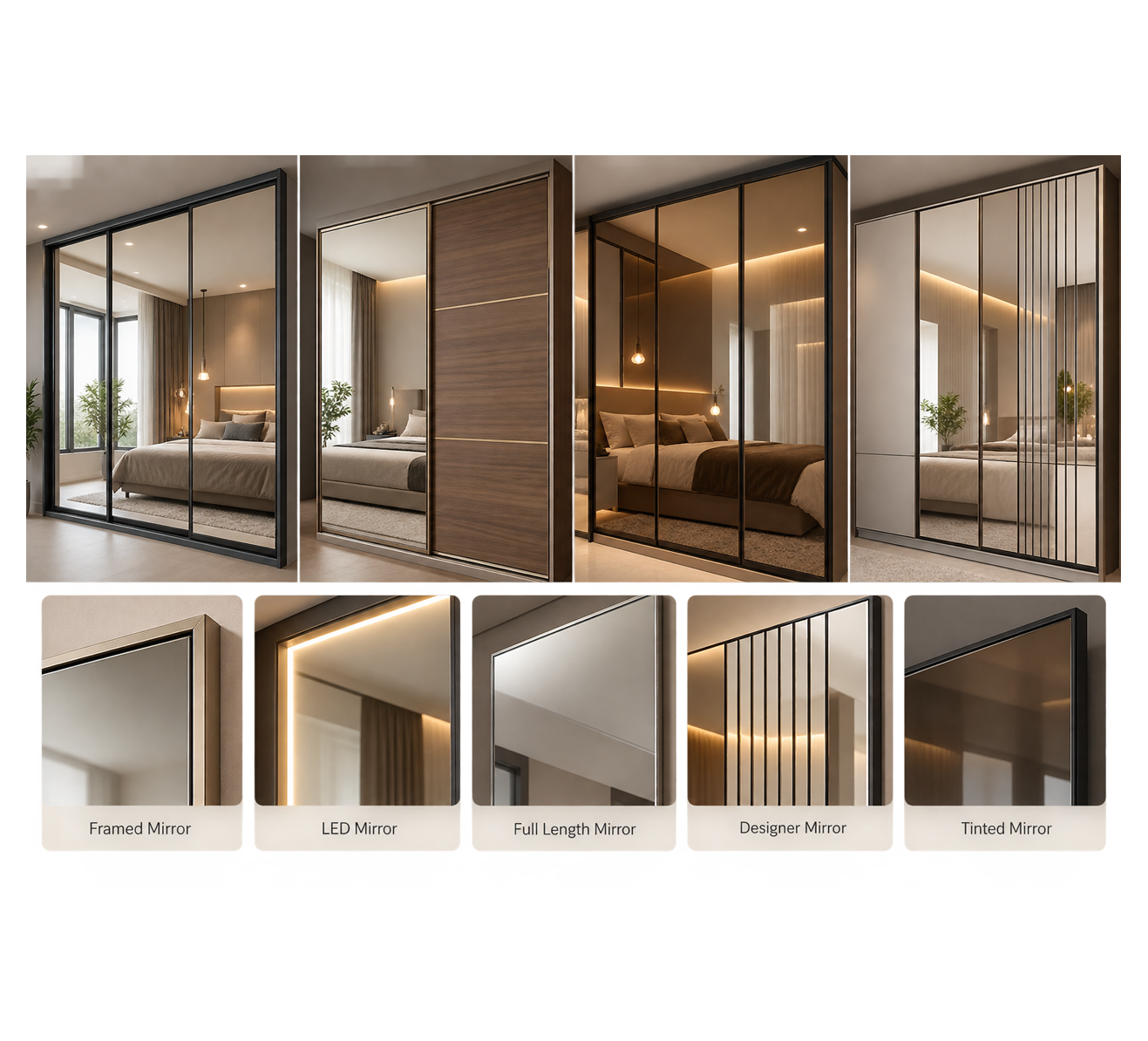 Wardrobe mirror options with full length framed tinted and designer mirror panels