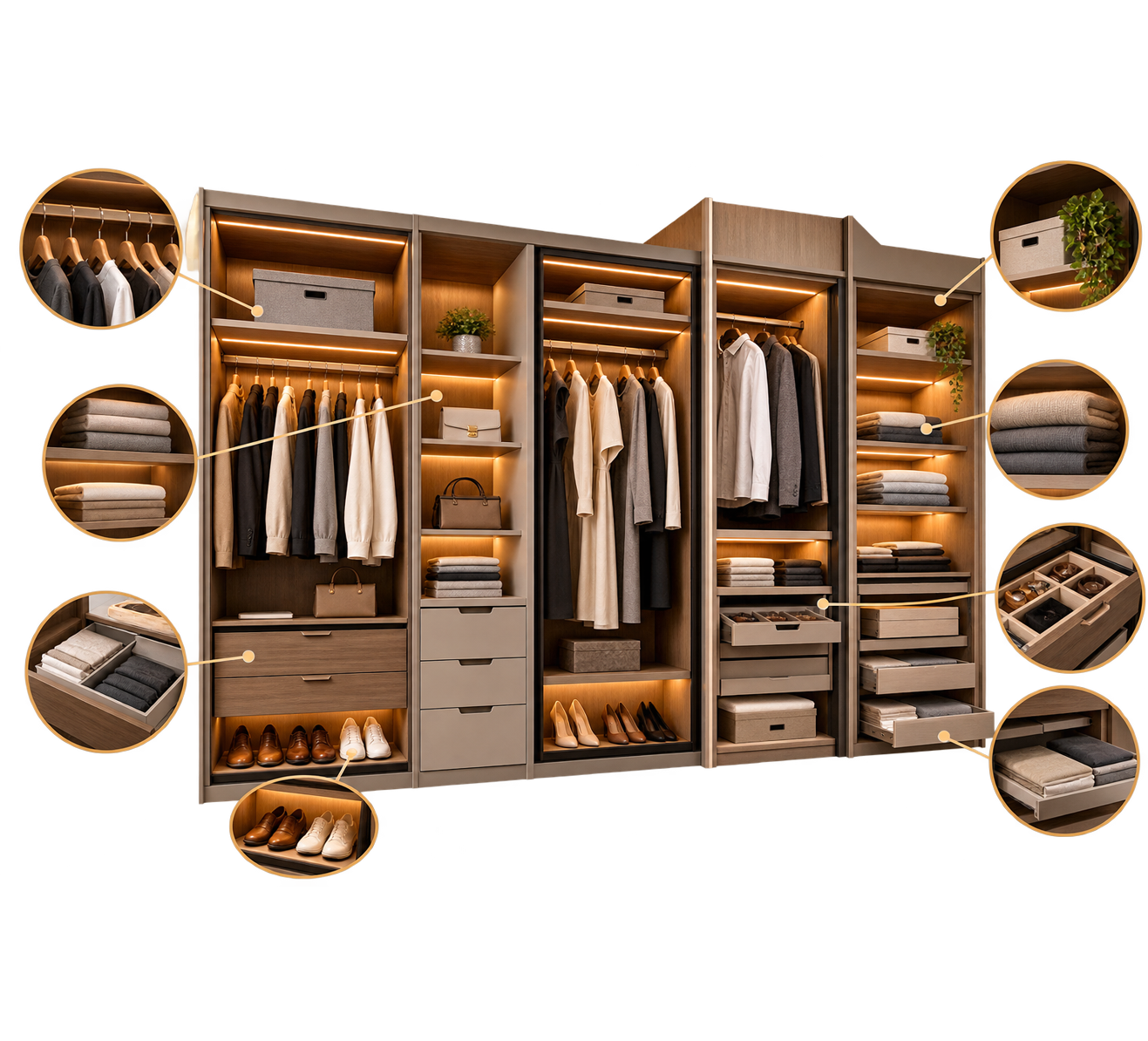 Wardrobe internal layout with hanging shelves drawers and storage compartments