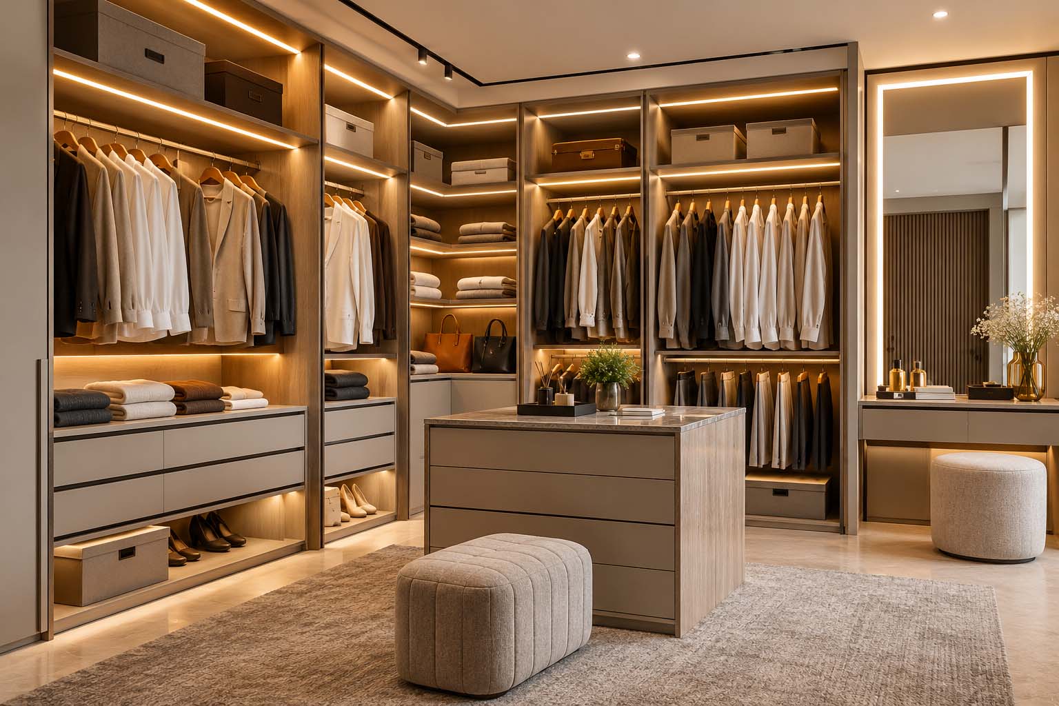 walk-in wardrobe with organised storage.