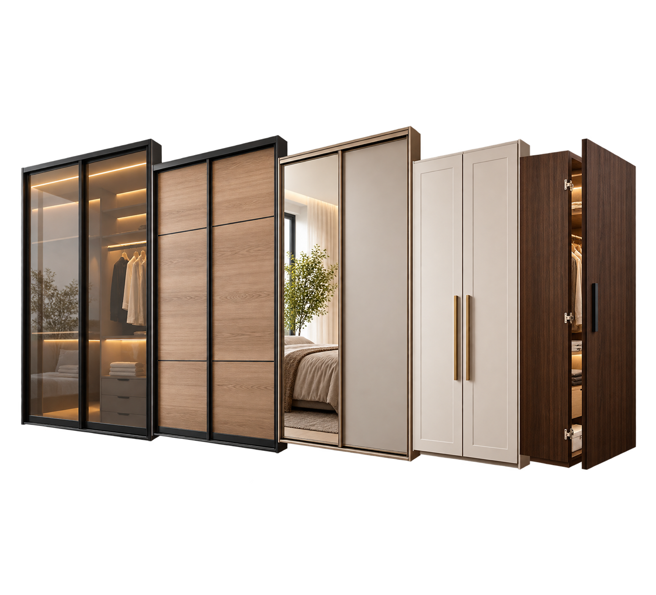 Sliding and hinged wardrobe door styles in glass wood mirror and matte finishes